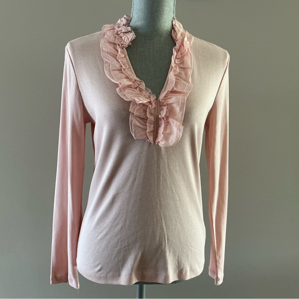 Ralph Lauren cotton women’s Sz M ruffle neck top long sleeve pink blouse